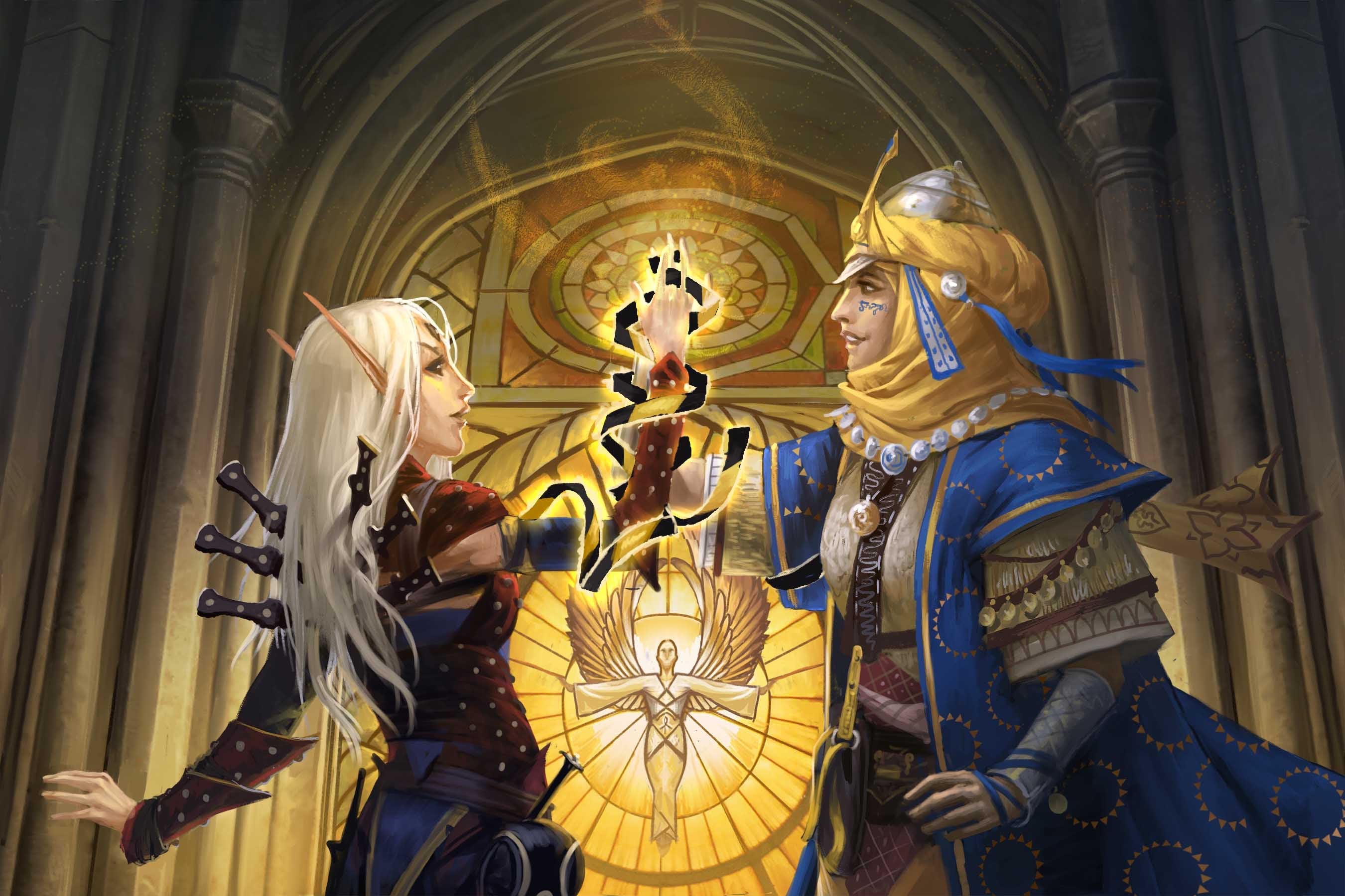 Pathfinder Iconics Merisiel and Kyra participating in a heartbond ritual in a temple of Sarenrae