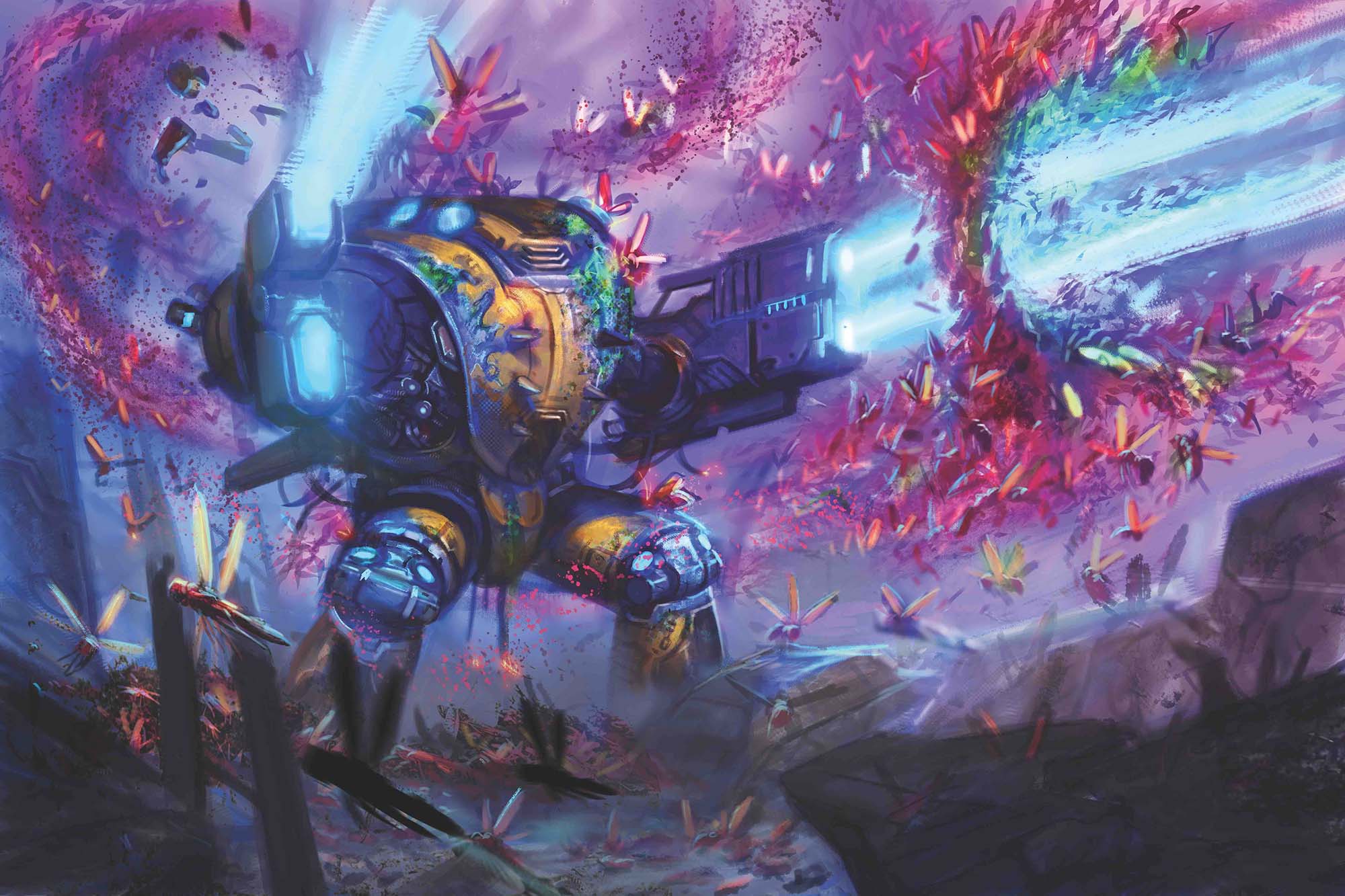  A swarm of iridescent insects engulf a huge metal mech, which is shooting bolts of plasma from two giant guns into the swarm