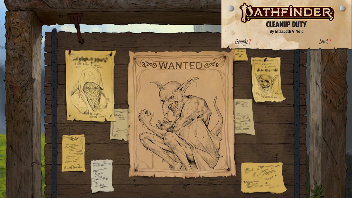Pathfinder Bounties featuring a wanted sign with a print of a goblin as the main sign