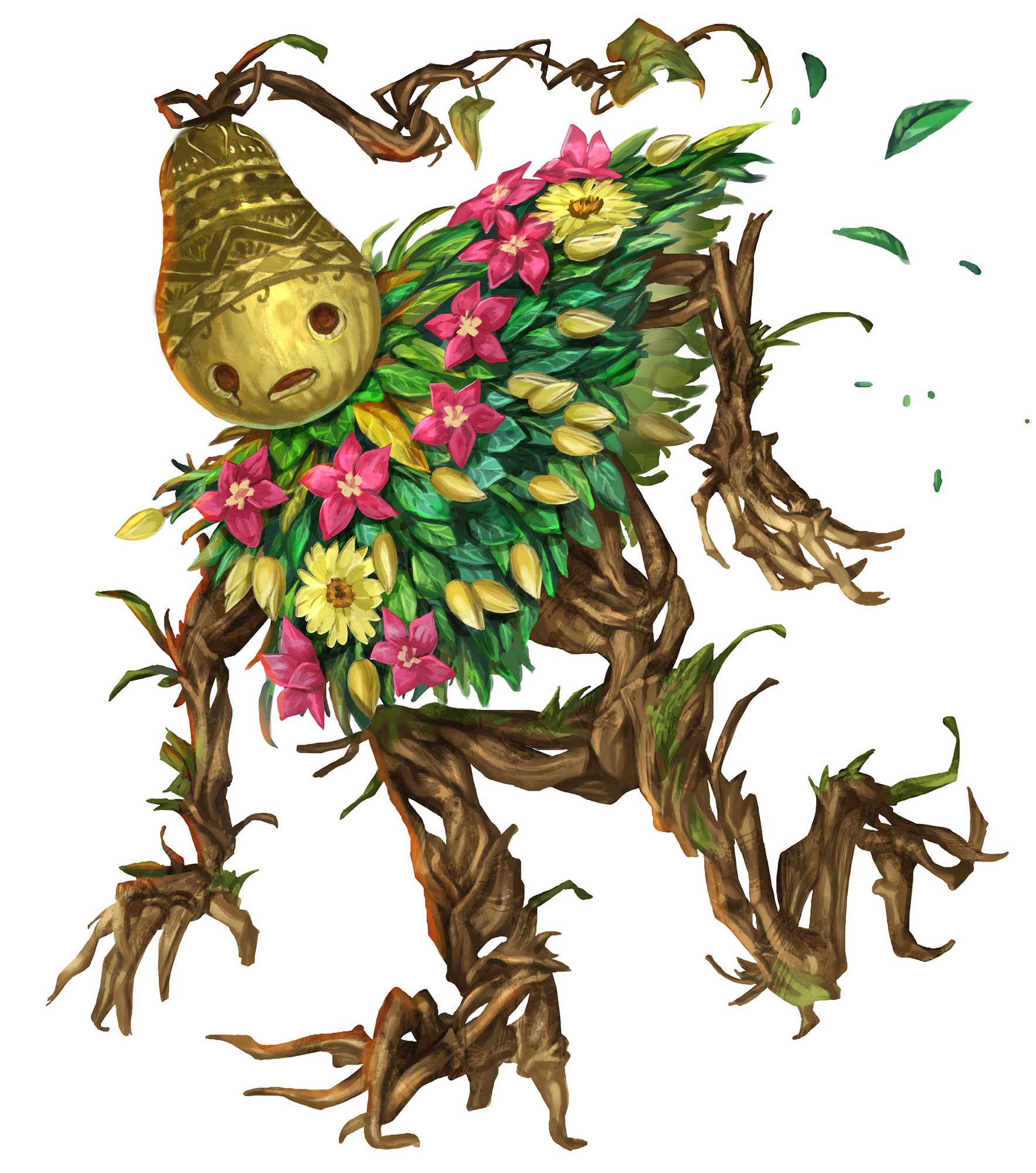 A gourd-headed, vine-bodied leshy wearing a large collar made of leaves and flowers.