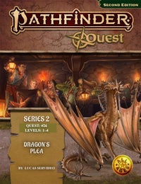 Pathfinder Second Edition Quest: Dragon's Plea. The cover is is two pieces of art, one overlayed over another. The background art features a small adventuring party taking a rest in a dungeon while looking over a map. the top image is of a young, orange scaled, horned dragon holds their head up with pride, despite being forced to ask for help