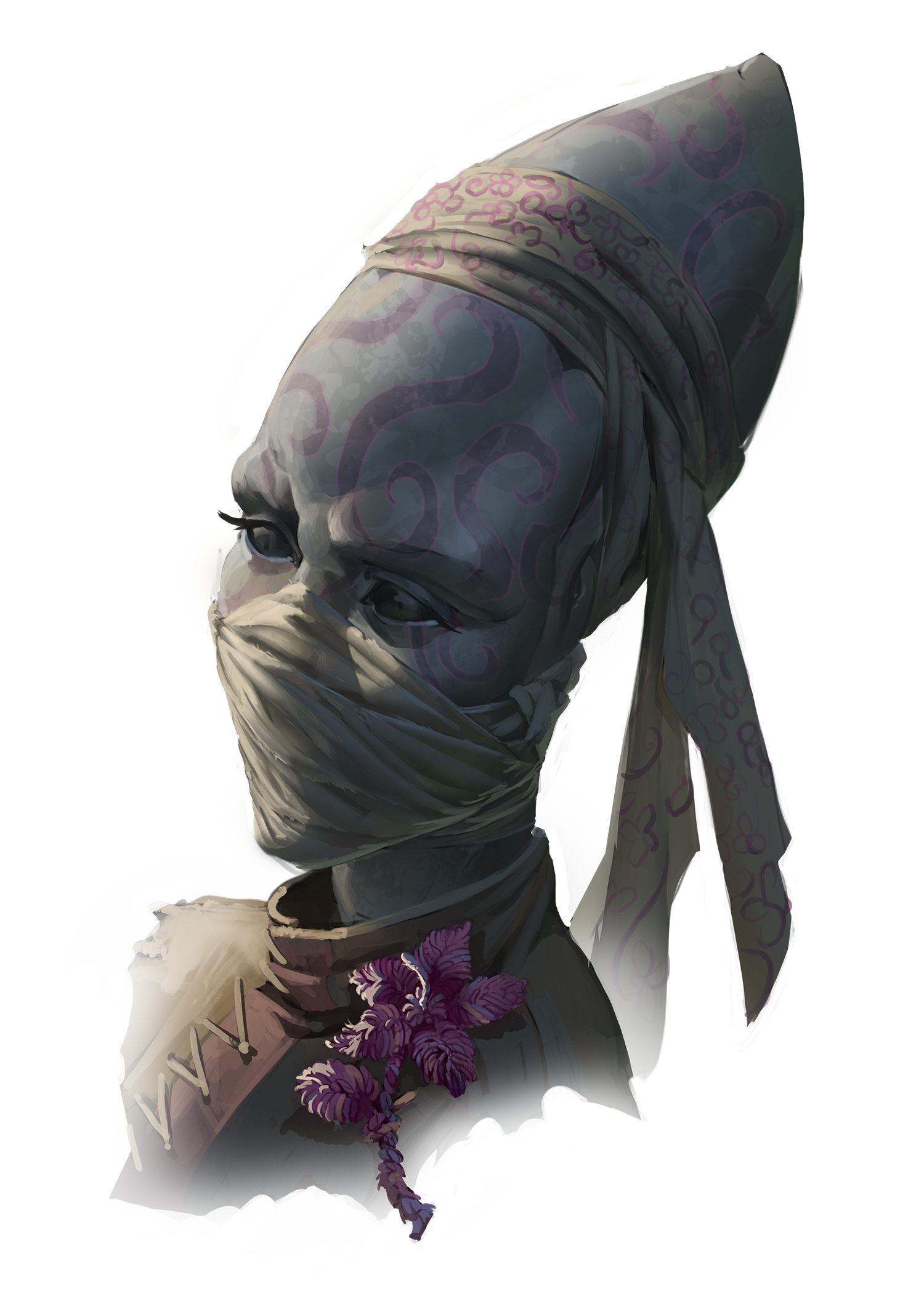 Nindir, one of the missing citizens of the Idari. A female kasatha wearing a cloth mask and headband, and a hand-made crochet purple flower pinned to her collar.