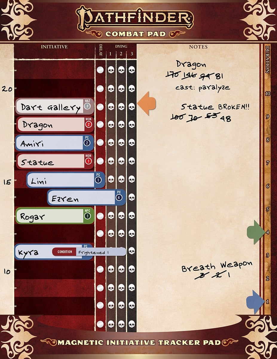 Pathfinder Second Edition Combat Pad: A dry erase pad with moveable name that can track where players are in a turn order, one side is a counting turn tracker and the other side is a blank space for note taking