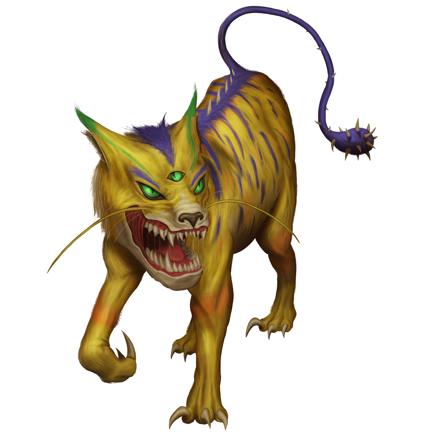 A Zrulicat, a yellow cat-like creature with three eyes, purple stripes running down its back, and a spiked tail