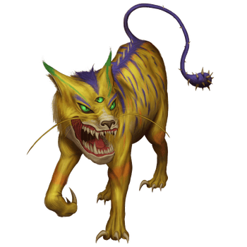 A Zrulicat, a yellow cat-like creature with three eyes, purple stripes running down its back, and a spiked tail