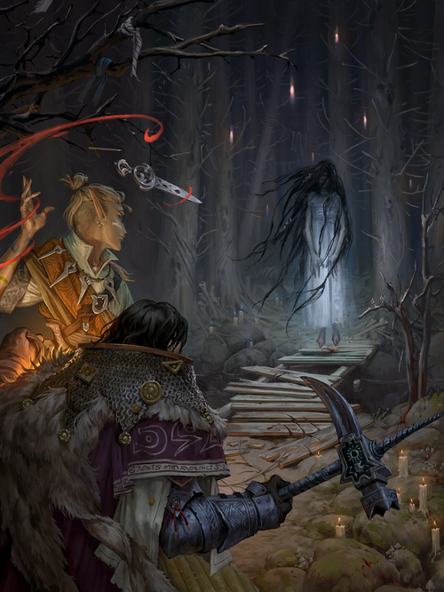 Iconic psychic and thaumaturge face off against a long haired, ghostly figure floating over a rickety wooden bridge