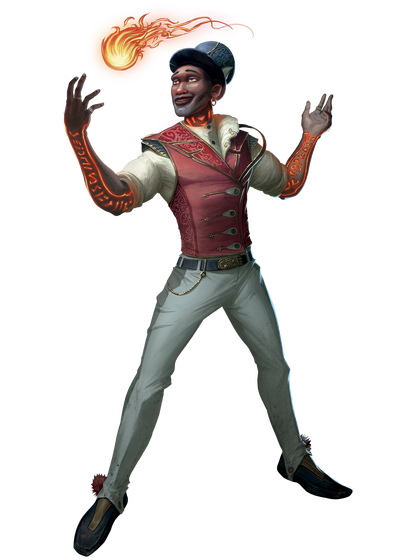 Illustration by José Luis Islas López : A dark skinned performer, wearing a red vest and black top hat, tossing a fireball back and forth between their hands while their arms light up with bright runes