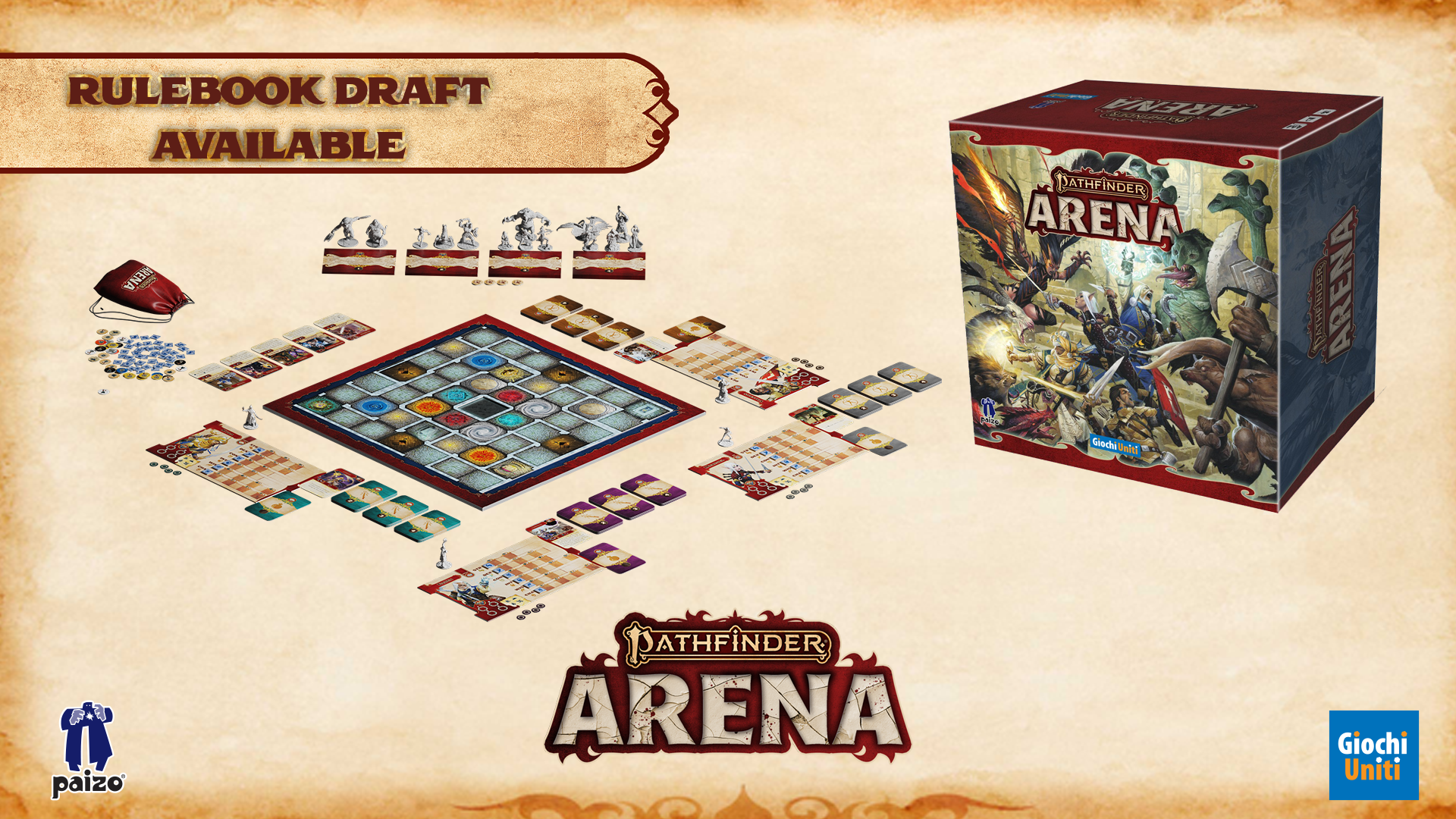 A mock of of the Pathfinder Arena box as well as the game board and cards laid out