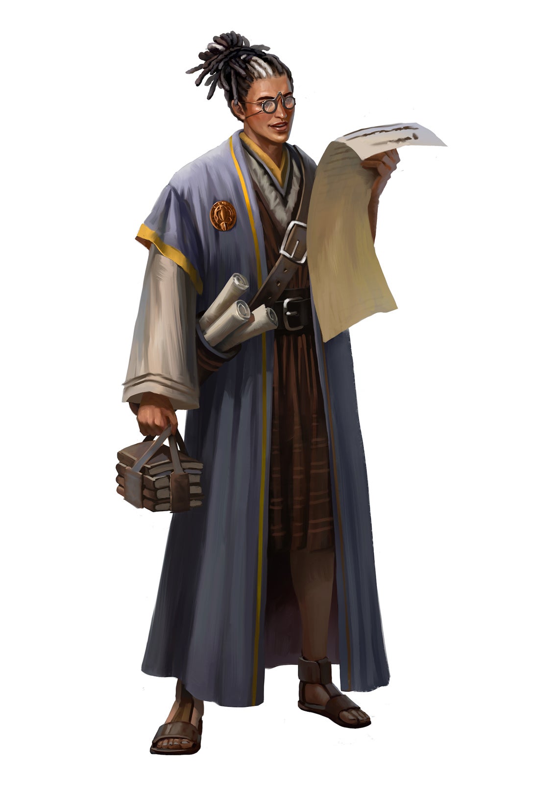 A human man holds several books in one hand and a large scroll in the other. He is wearing a robe and a pair of glasses to help him read the scroll