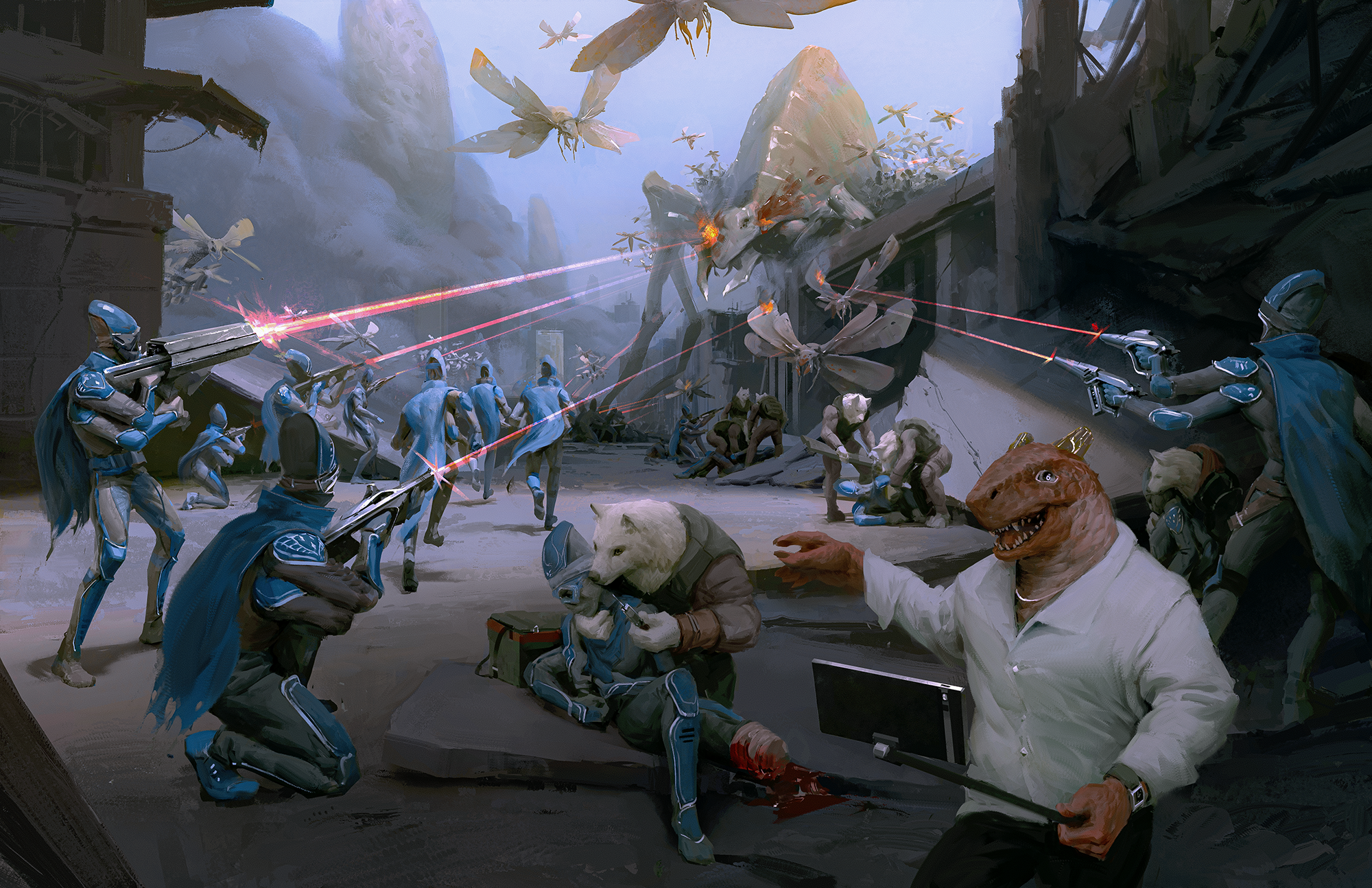 a team of Kasatha dressed in blue and grey armor firing at a giant insect. In the foreground is a Vesk points at the battleground while speaking to someone unseen on a tablet 