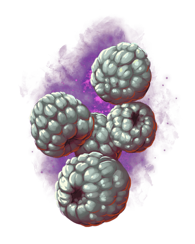 Mythic Berries, artist Bruno Cesar: A handful of raspberries has turned silver and glows with violet divine power.