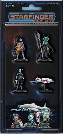 Starfinder Miniatures Iconic Heroes featuring Navasi, Keskodai, and Iseph along with a ship miniature