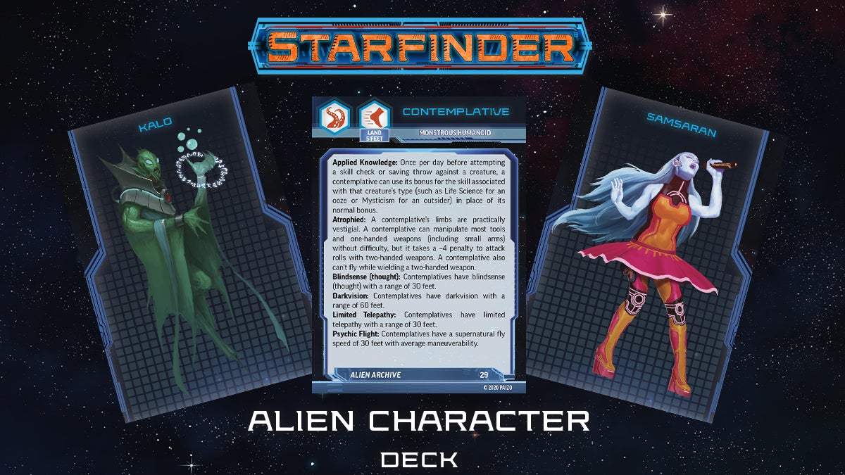 Character Cards Preview art featuring the playable character racial traits featuring a light blue Samsaran with a microphonee