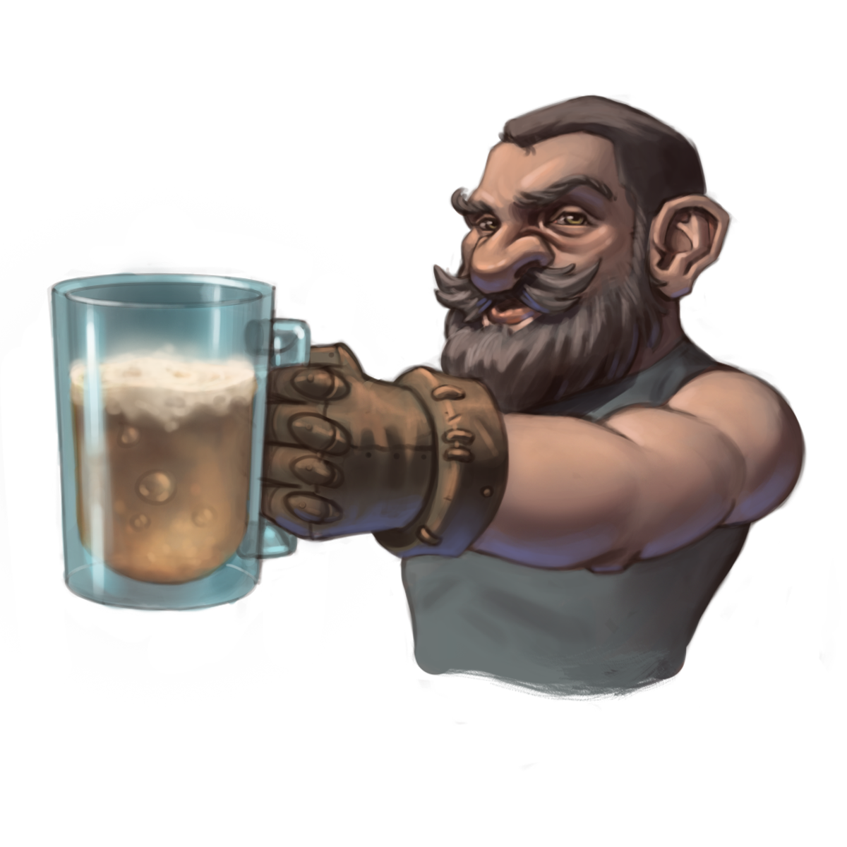 A dwarven man raises a frothy mug of beer in a toast