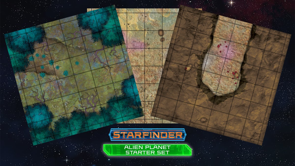 Starfinder Alien Planet Starter Set flip-tiles featuring square tiled biome maps