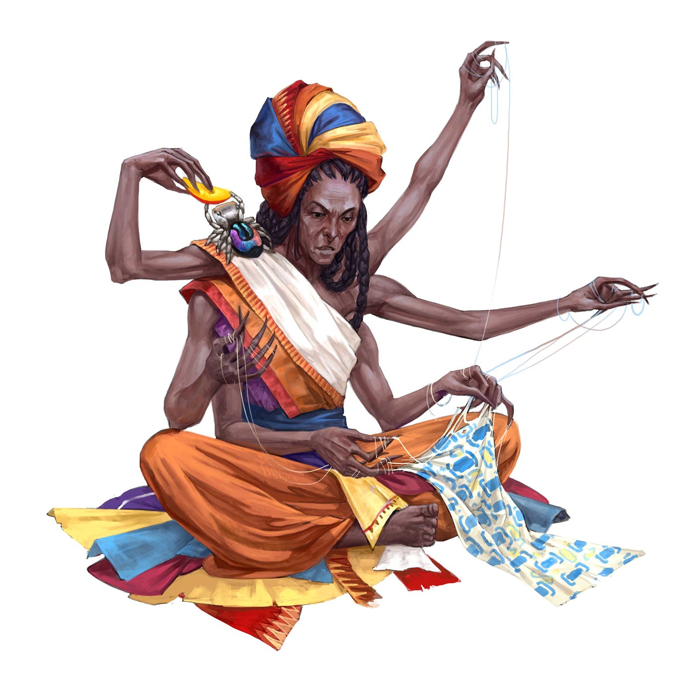 Grandmother Spider, an elderly Mwangi woman with multiple arms, sits and weaves a scarf