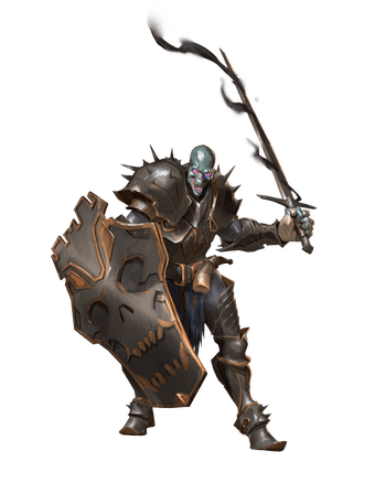 Wight Commander artist: João Fiuza : A heavily armored wight with glowing red eyes and a wicked-looking shield prepares to swing a sword coated in dark energy