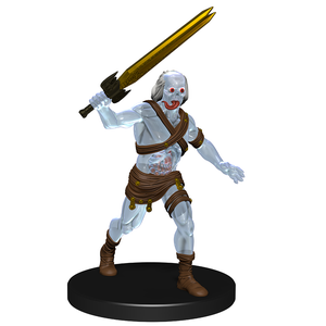 A mini figure of a transparrent-skinned Urgefhan in leathers, holding a large sword over his head