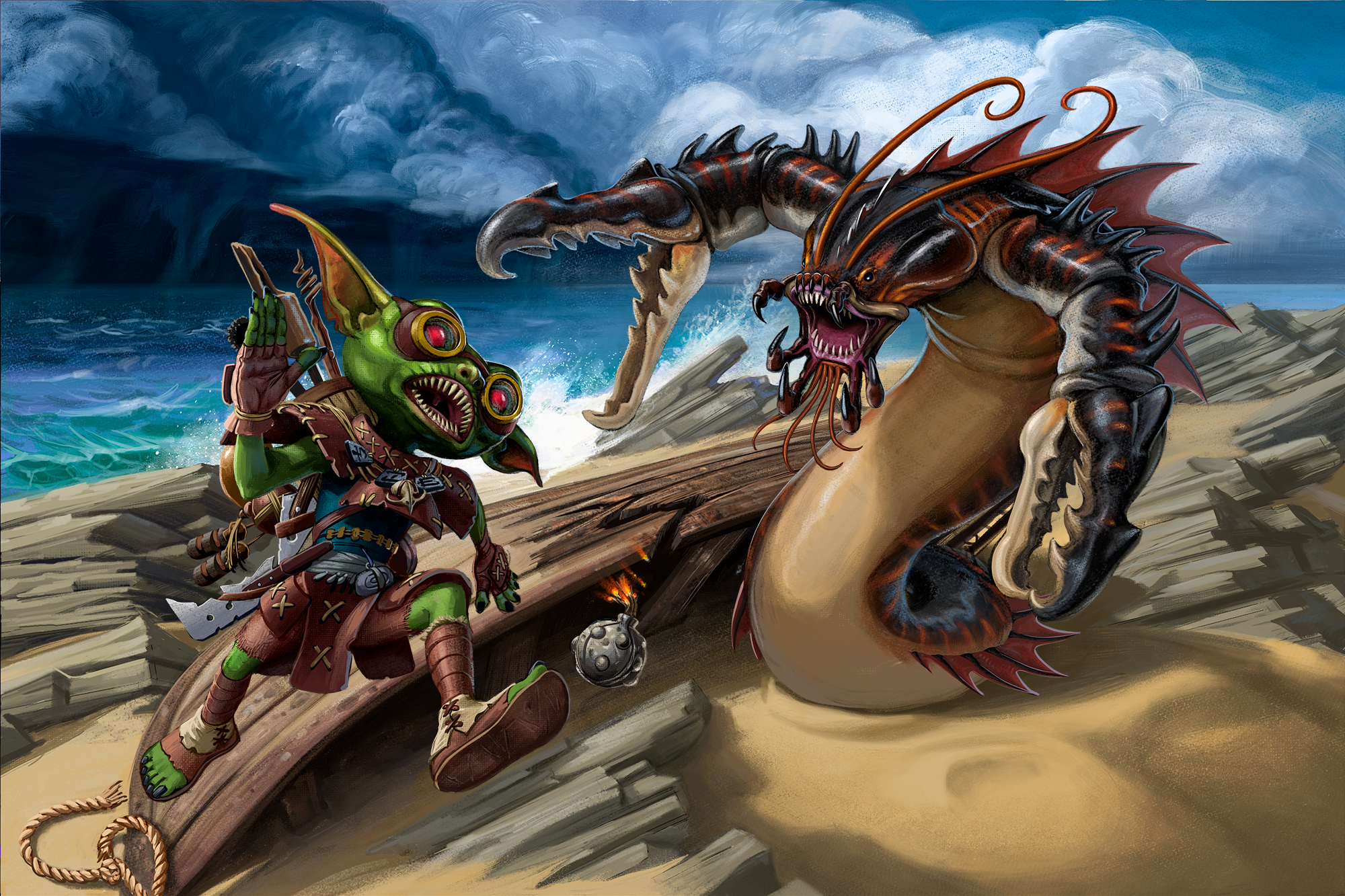 An illustration of Fumbus fighting a Reefclaw.
