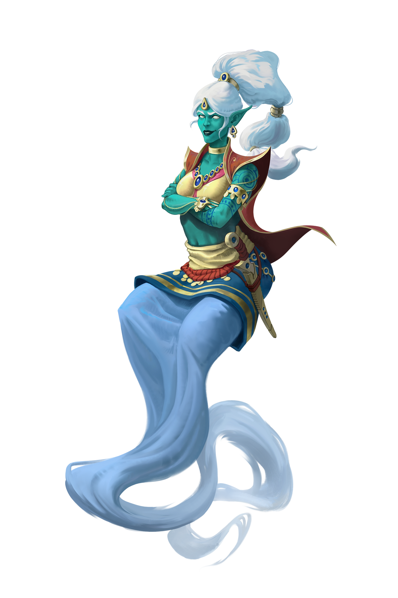 Safa a teal skinned djinni vizier dressed in red, blue, and gold with white hair pulled back into a high ponytail