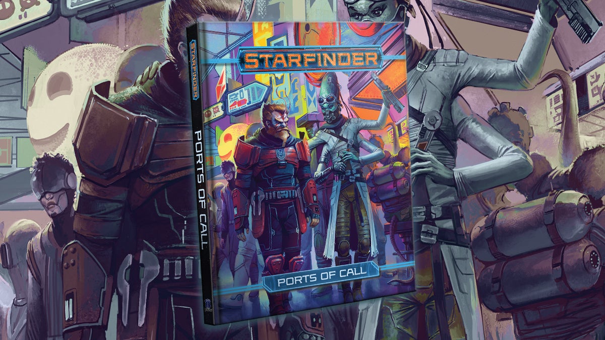 Starfinder Ports of Call: Iconic heroes stroll through a brightly lit sci-fi urban landscape.