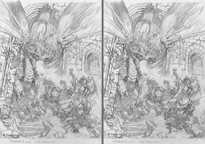 Sketch of the Pathifnder iconics battling a red dragon breathing fire through a crumbling stone wall
