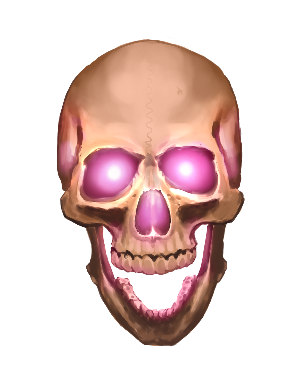 A human skull with glowing pink eyes and her mouth open because she’s talking.