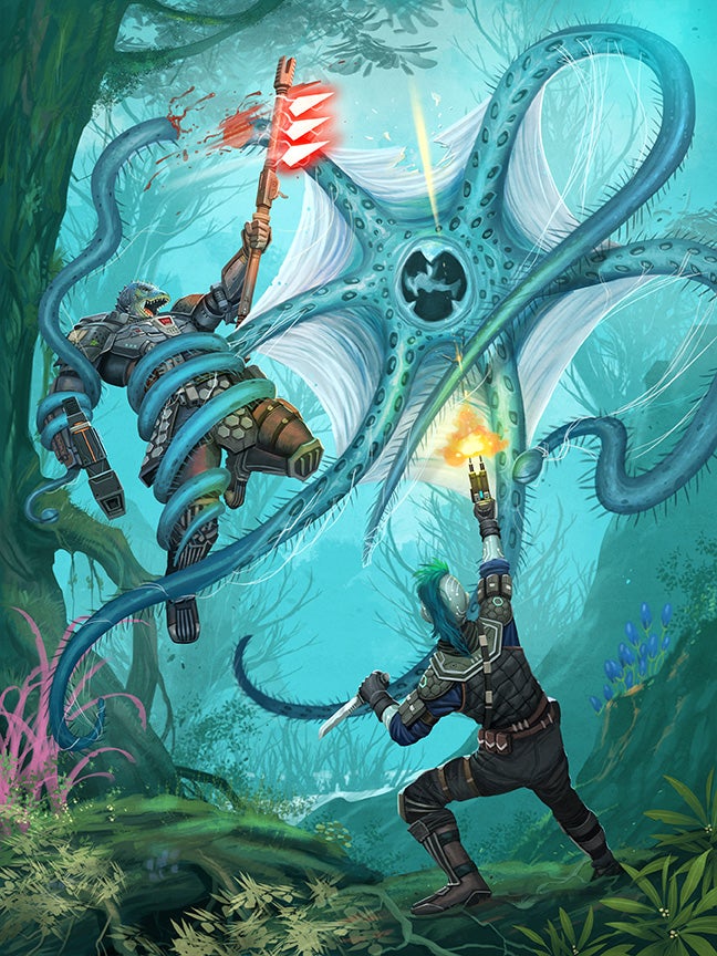 Iconic Android, Iseph fires on a large teal creature with long tentacles, one of which is wrapped around iconic vesk, Obozaya, lifting her off the ground as she slices at its appendages