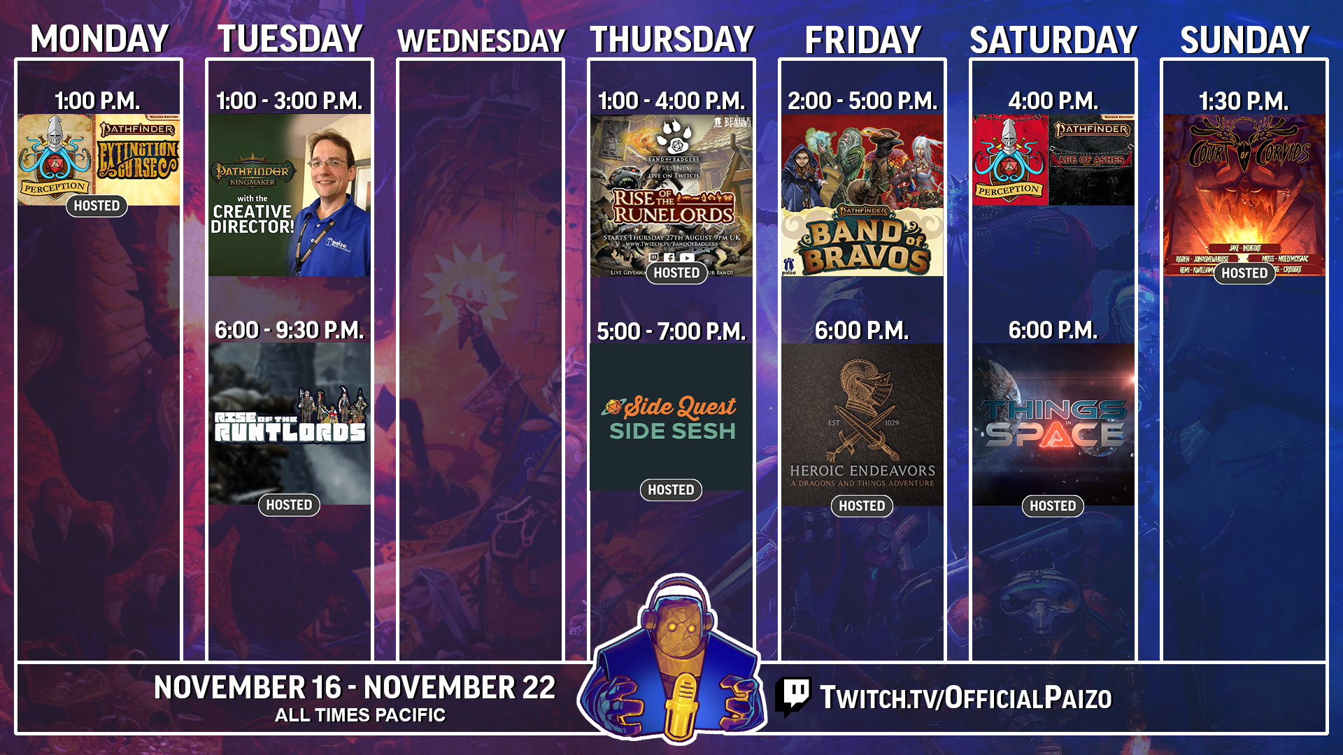 Official Paizo twitch streaming schedule for November 16th to the 22nd