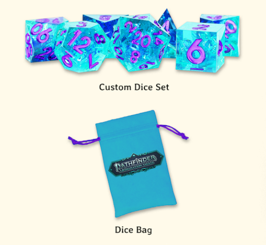 BKOM Studios Kickstarter Dice and Bag. Bright blue dice with purple numbers