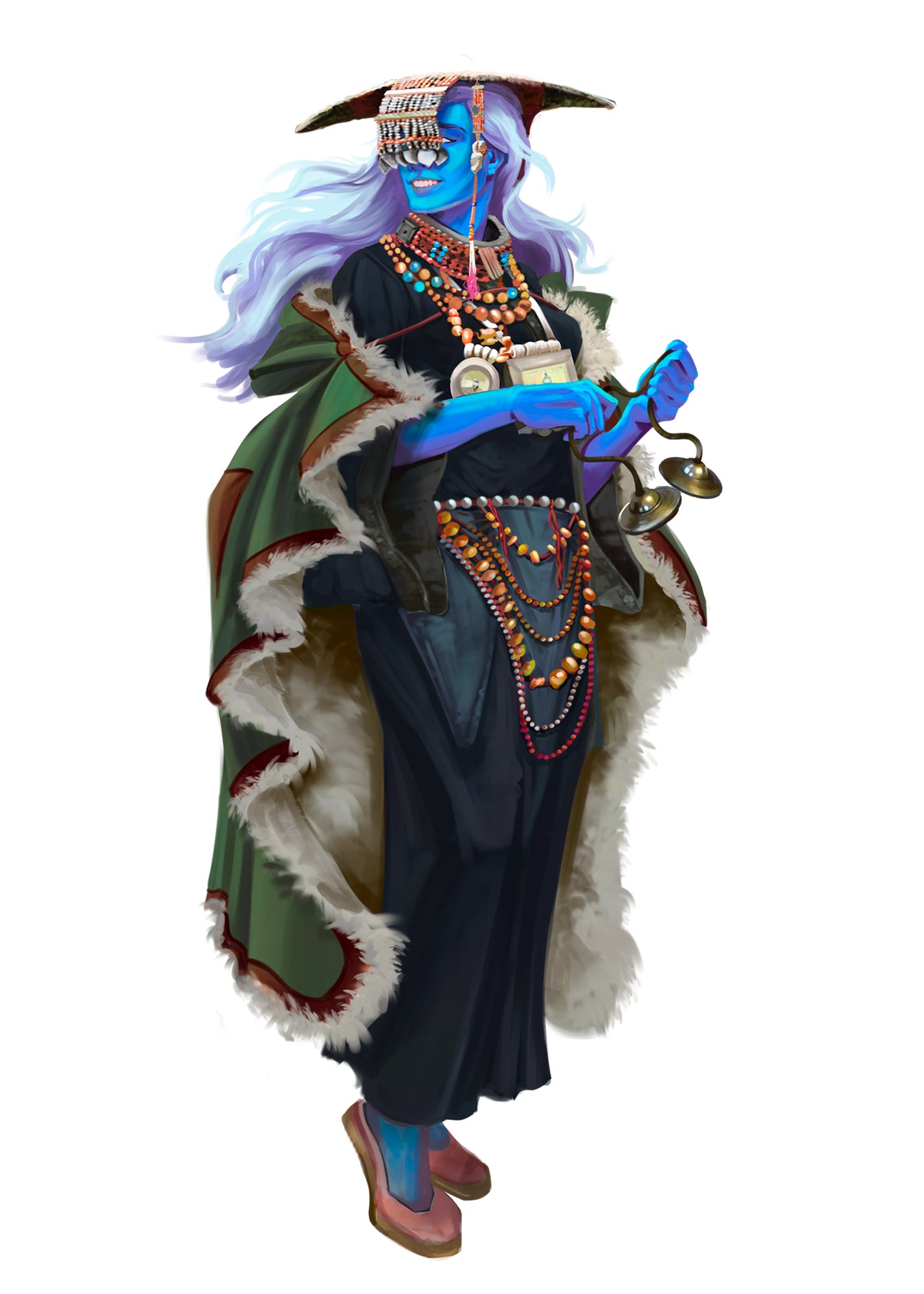 A blue skinned, white haired humanoid figure wearing a dark blue dress with beaded jewelry and vail