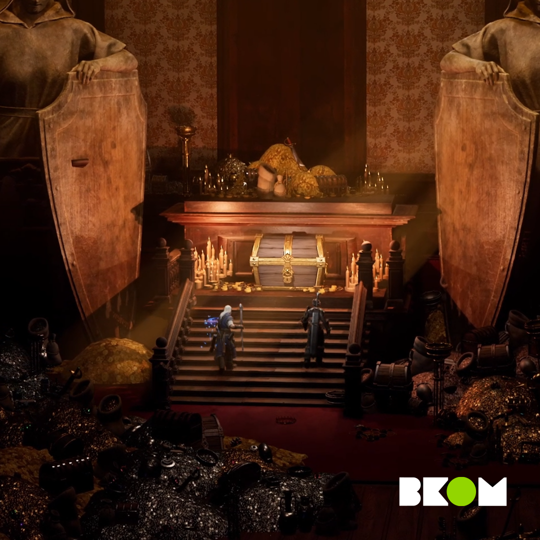 BKOM Abomination Vaults Gameplay screenshot featuring Ezren making his way up a staircase to a treasure chest