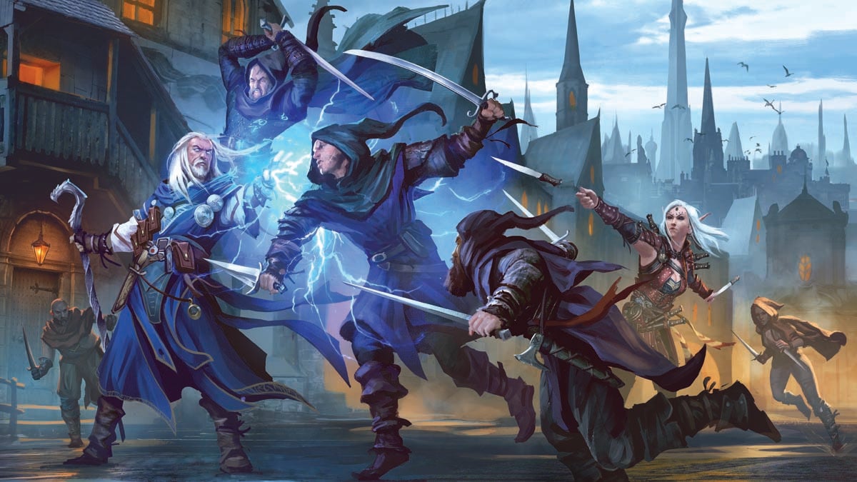 In a dark city street, the iconic wizard and iconic rogue fight a band of dark-clad thieves. The attackers surge toward the wizard with swords raised while the rogue throws daggers at their backs.