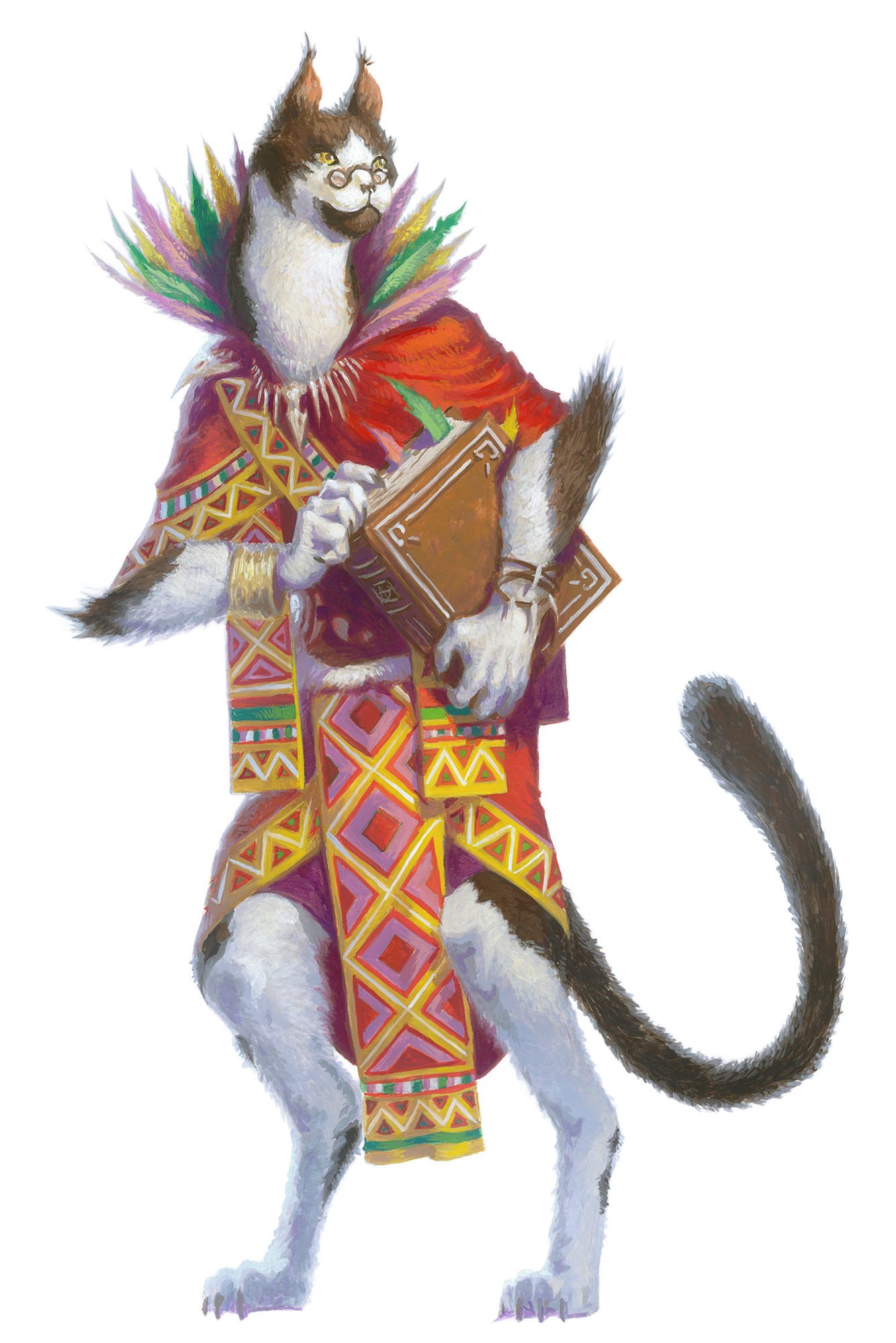 : A bipedal cat dressed in colorful robes holding a large book