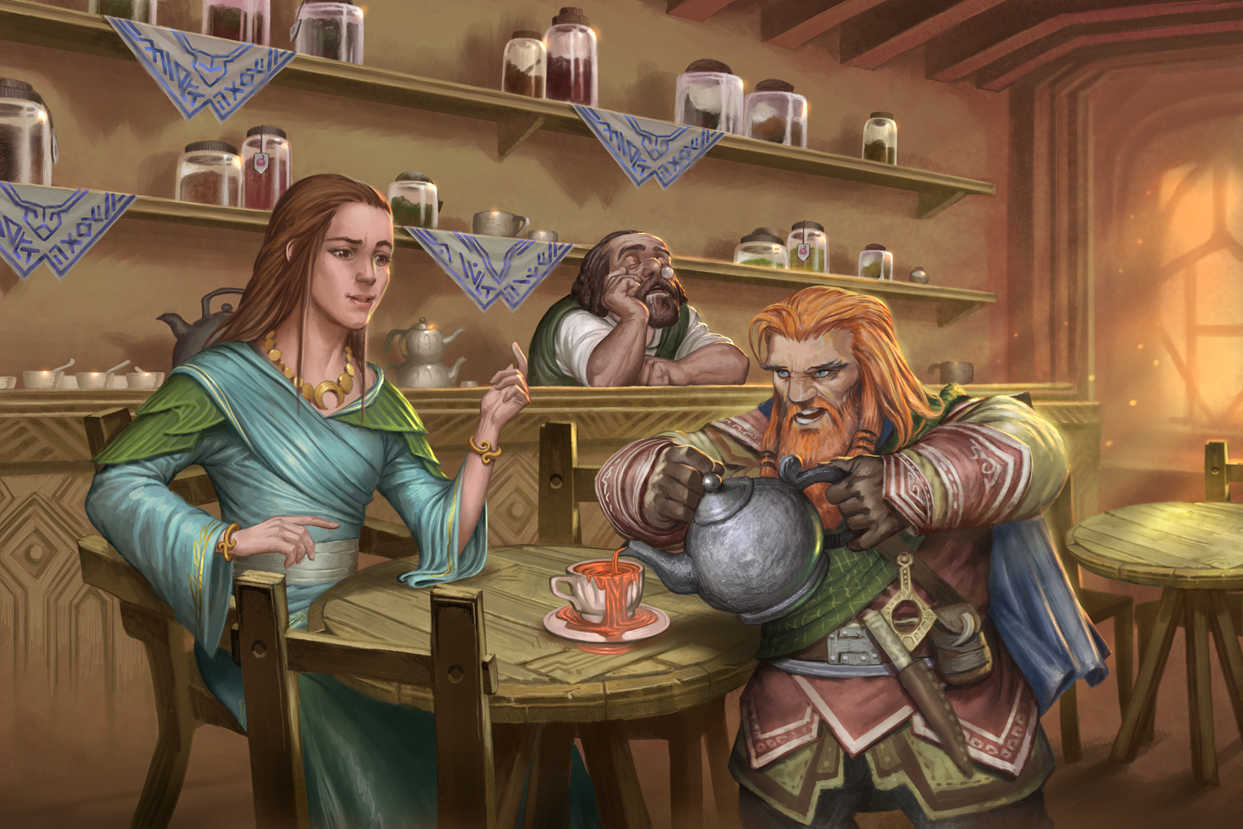 Harsk pours tea for a companion at a tea house.