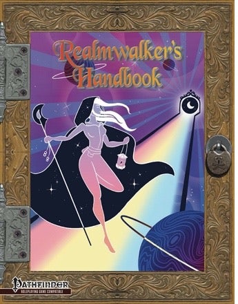 Realmwalker's Handbook. A woman in a starry cloak, holding a staff and a lantern, stands on a rainbow bridge, facing back towards a gate