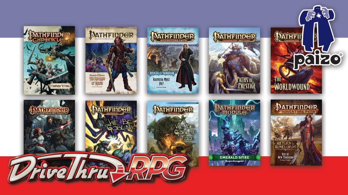 DriveThru RPG graphic featuring multiple pathfinder titles