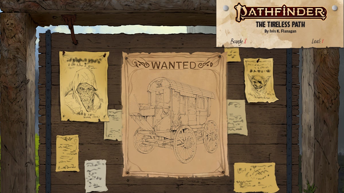 Pathfinder Society Bounty The Tireless Path featuring a wanted sign with a print of an enclosed wagon