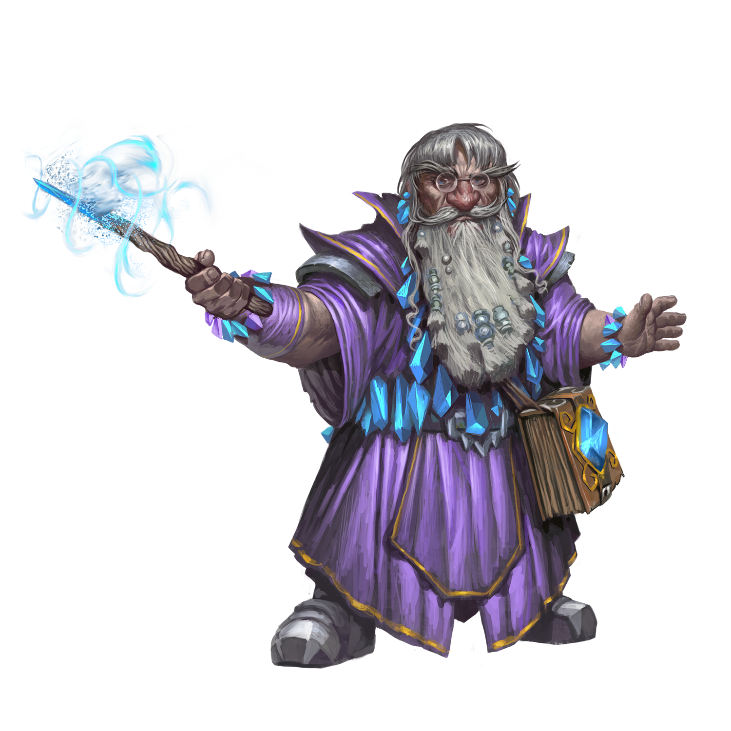 a male dwarf with white hair, blunt bangs, long sideburns, and a well-groomed white beard. He has round gold spectacles and crystal jewelry hanging from his ears, around his neck, and on both wrists. He wears purple robes, has a large, leather-bound spellbook with a large crystal on the cover at his waist, and even more crystals hang from his belt. In one hand, he has a wand with a crystal tip that he’s using to cast some powerful cold spell. Color palette focuses for this piece are purples, whites, gold.