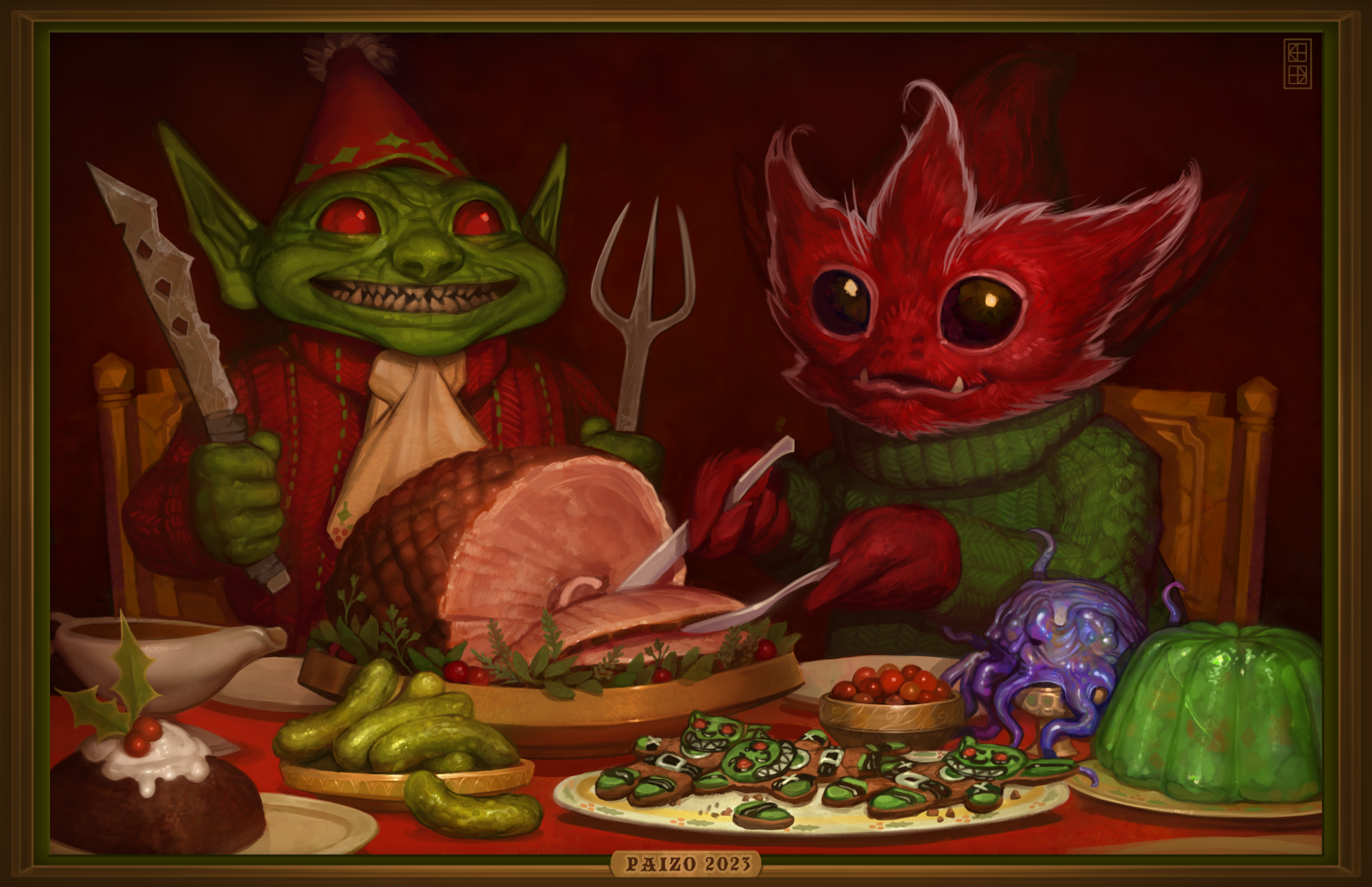 : A skittermander and goblin sitting at a table with a festive feast. The skittermander is carving the roast while the goblin excitedly brandishes tools