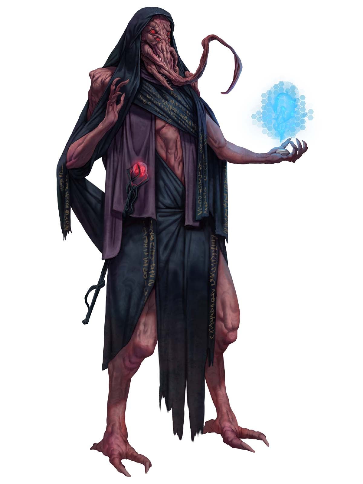 a tall red alien in dark robes holding a small holo projector