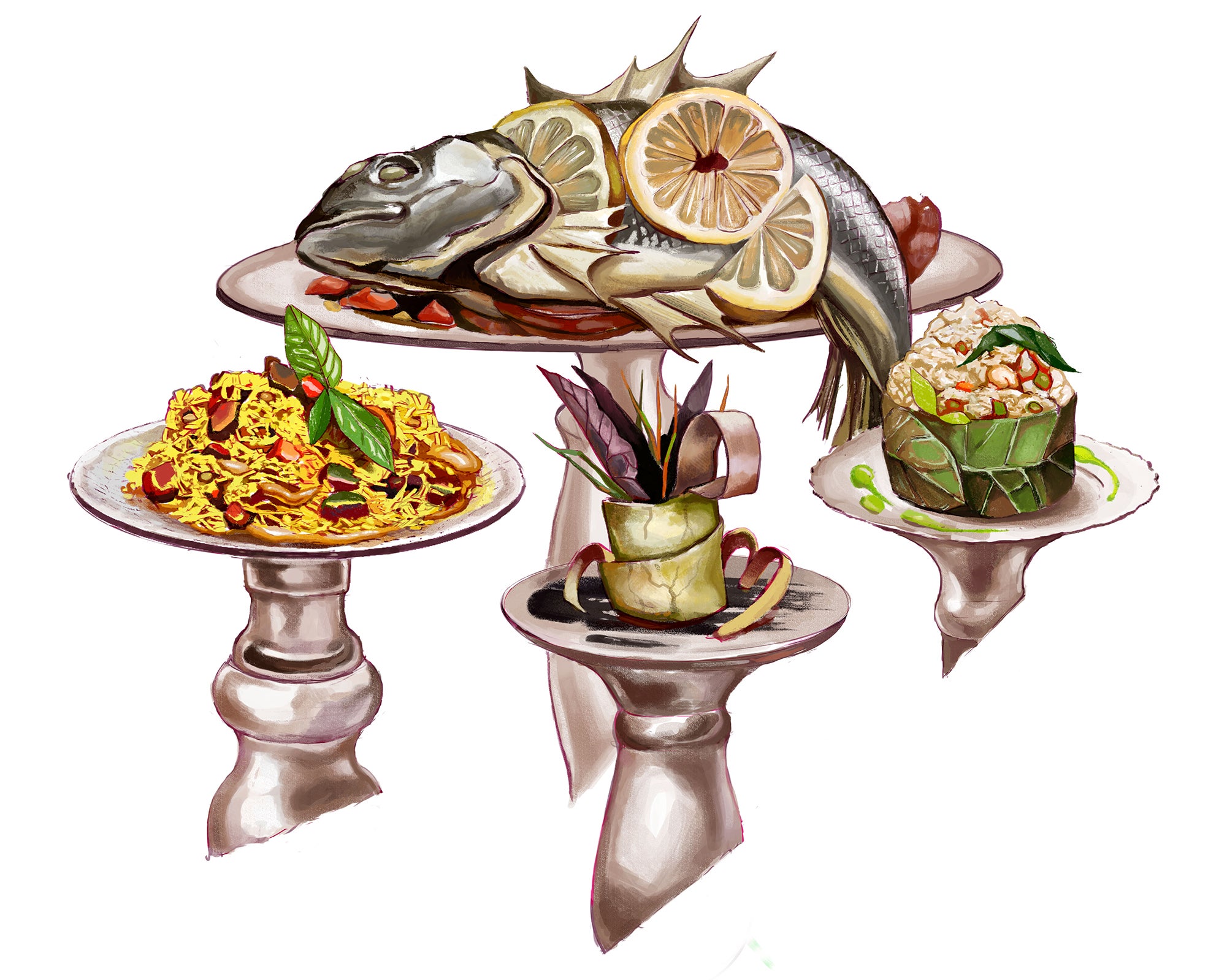 A set of small entrees sits on top of decorative podiums. The main dish, a whole fish with layers lemons, on the front left a pasta dish dotted with meat and a leafy garnish on top, the center a decorative plant dish, and on the far right, a dish wrapped in a leaf and dotted with vegetabless