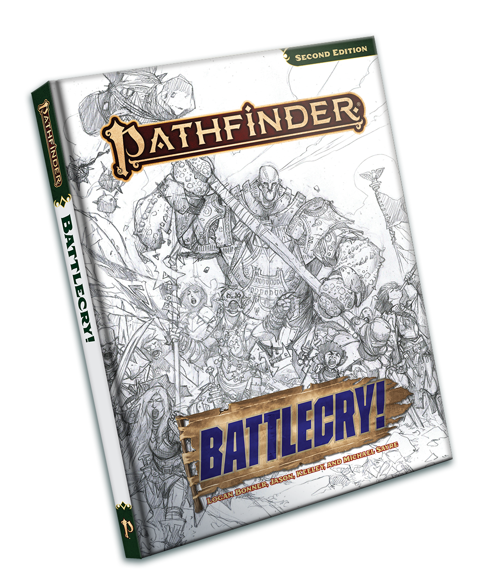 Pathfinder Second Edition Battlecry! Sketch Cover. A pencil sketched illustration of a diverse army dressed in silver and gold plate armor runs forward with an orc leading the charge