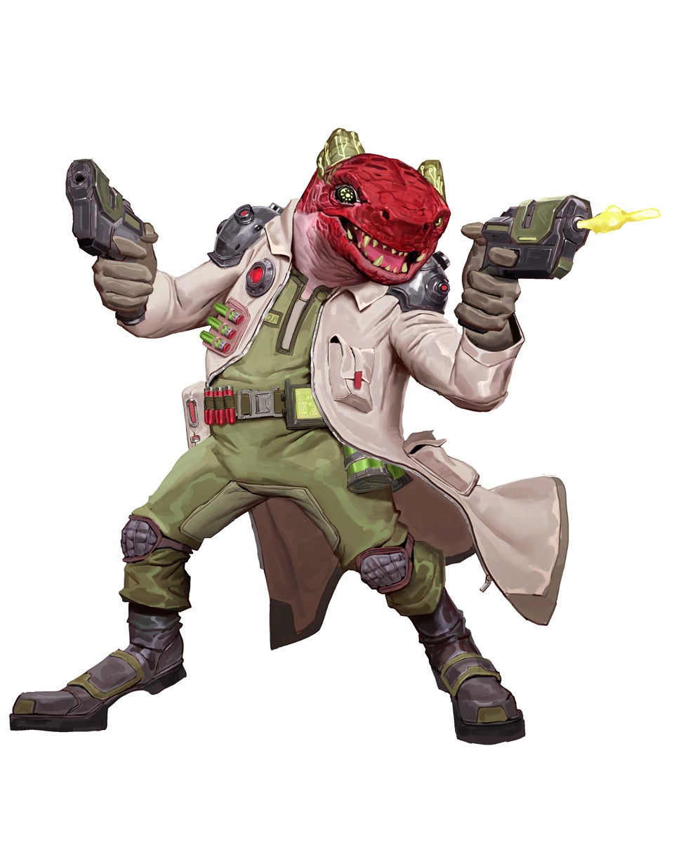 A small, red-scaled reptilian humanoid is dressed in a futuristic lab coat and wields two laser pistols.