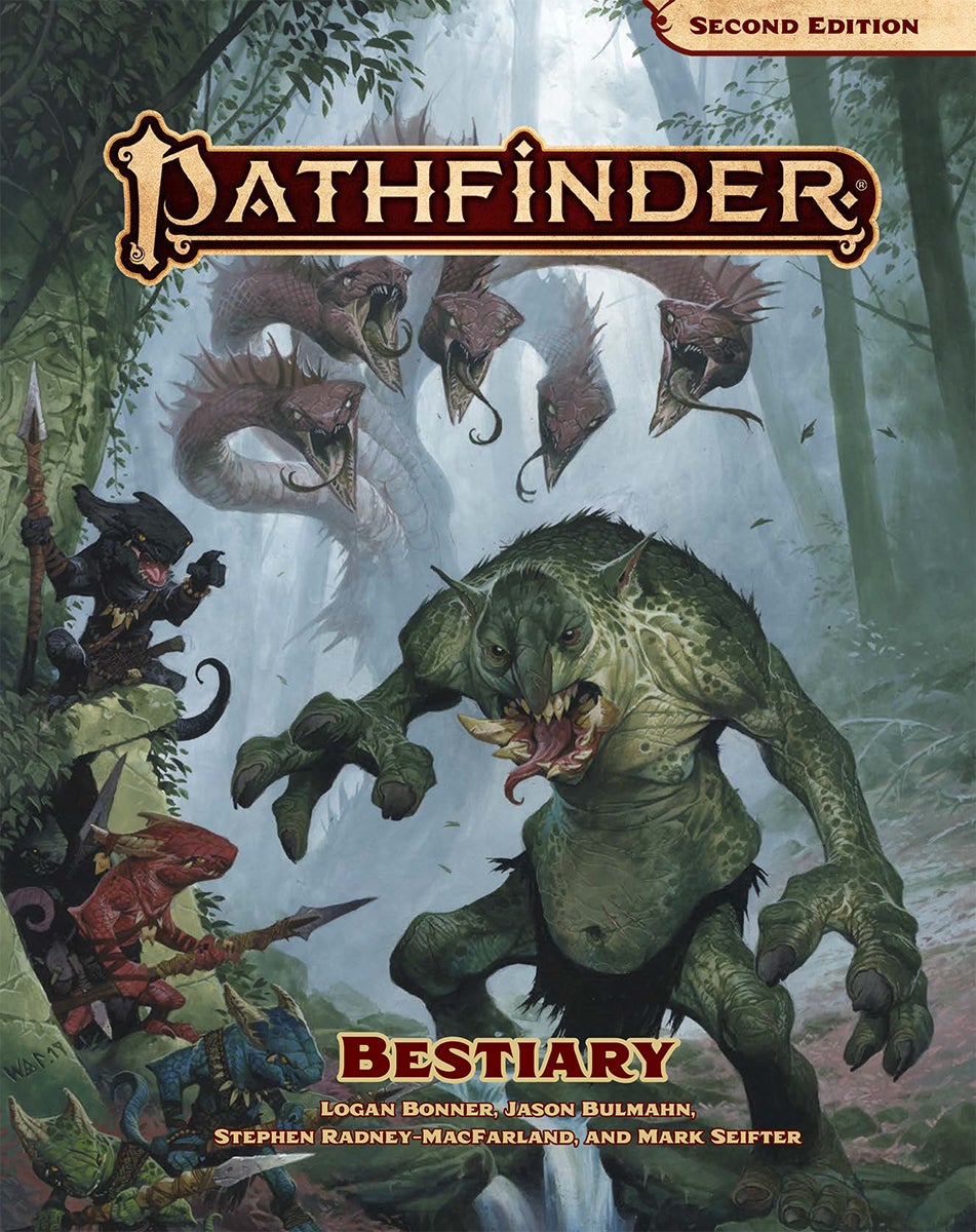 Pathfinder Second Edition Bestiary, featuring kobalds and a troll in the foreground with a hydra lurking in the misty background