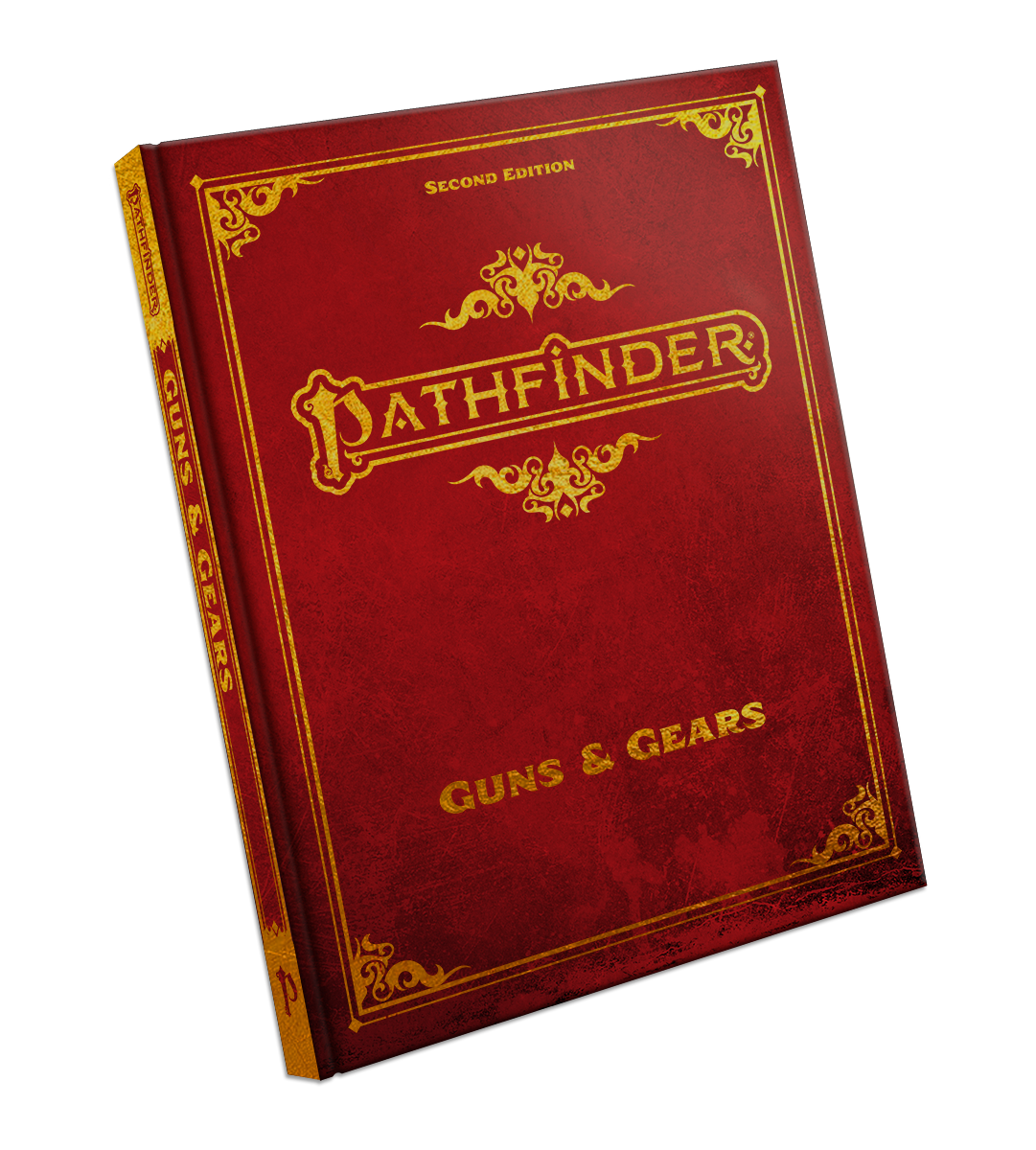 Guns and Gears special edition hard cover. Gold text on a textured red cover