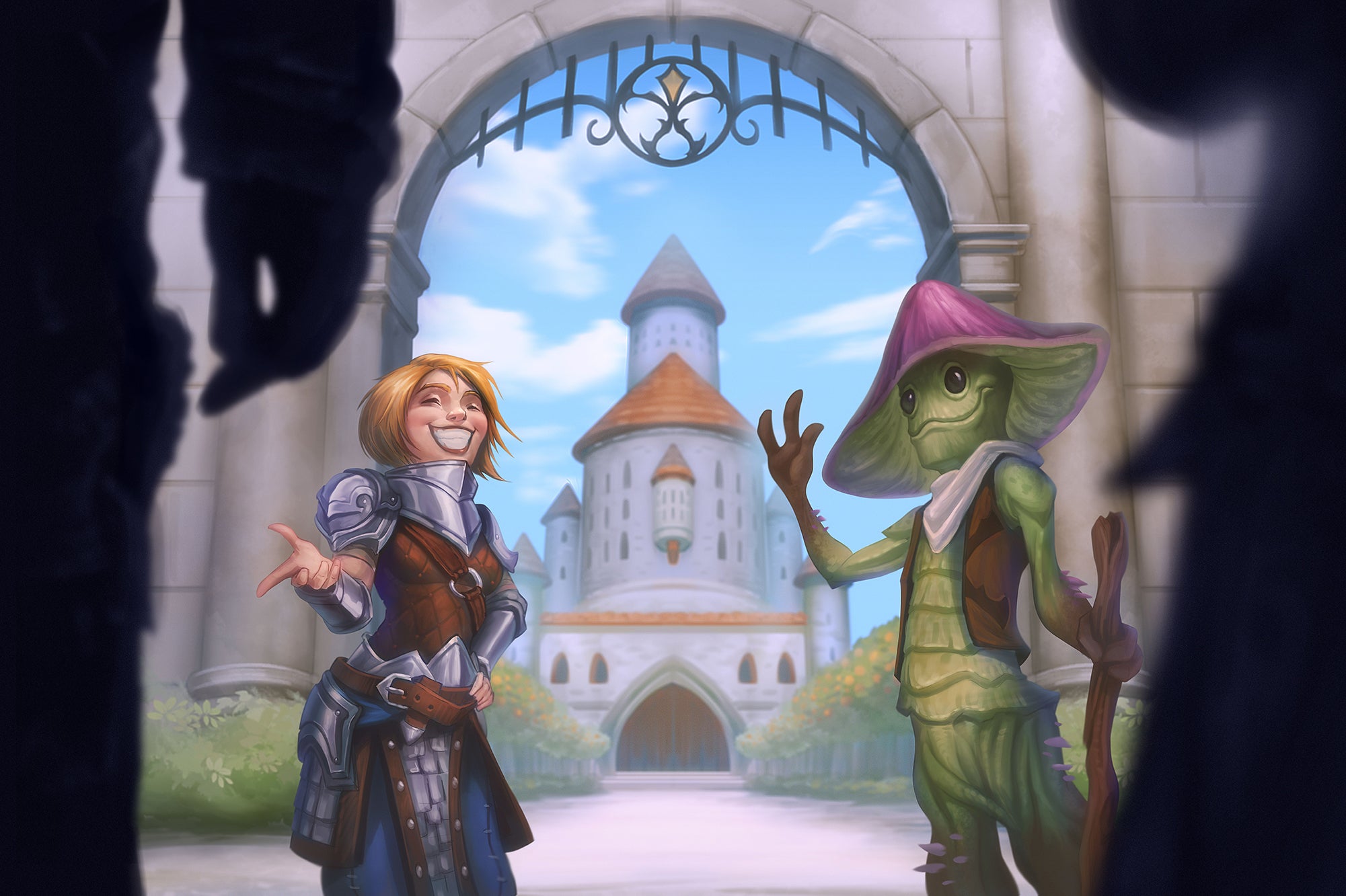 A halfling and a mushroom person welcome you through the gate to the Grand Lodge
