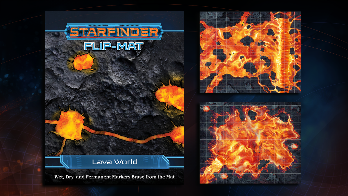 Starfinder Flip Mat: Lava World. Top down view of a square gridded map featuring rocky outcroppings and lava flows