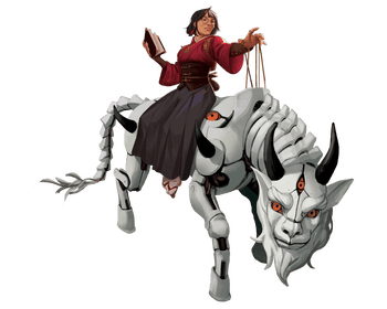 an inventor riding her puppet (art by Mylene Bertrand)