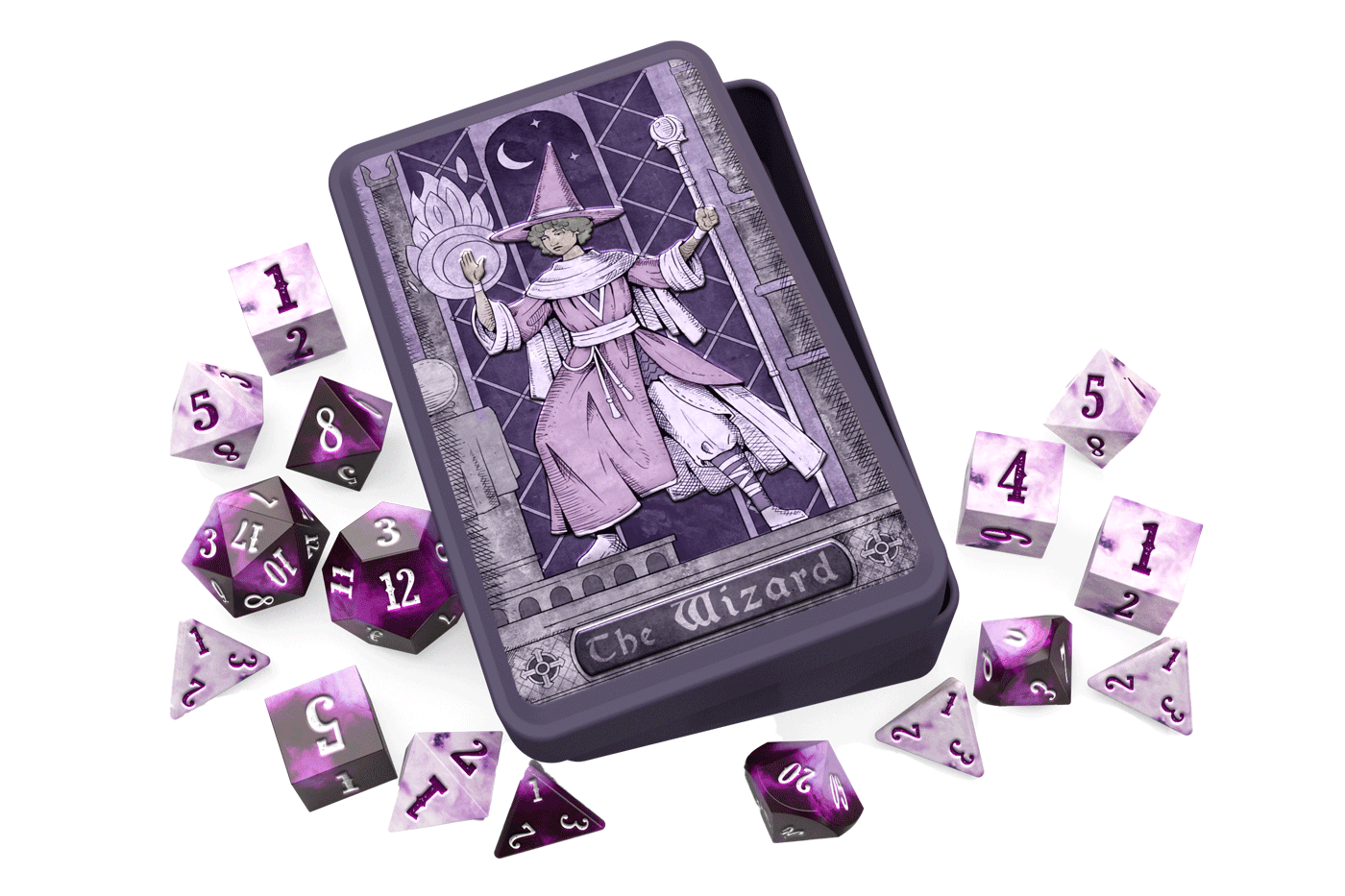 Beadle and Grimm's Wizard Dice Tin. A dice tin inspired by the Wizard class with an illustration of a robed wizard with a staff in one hand and summoning a fireball with the other The tin is surrounded by light and dark purple dice.